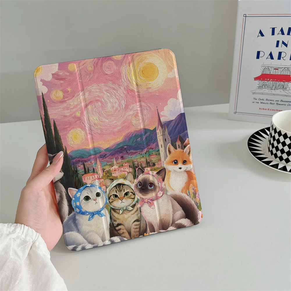 Funda para iPad con estampado de gato y zorro de Van Gogh Starry Sky, funda con soporte triple para iPad 2024 de 11 pulgadas A16 Air 5 Air4 iPad 10 10,9 9,7 pulgadas