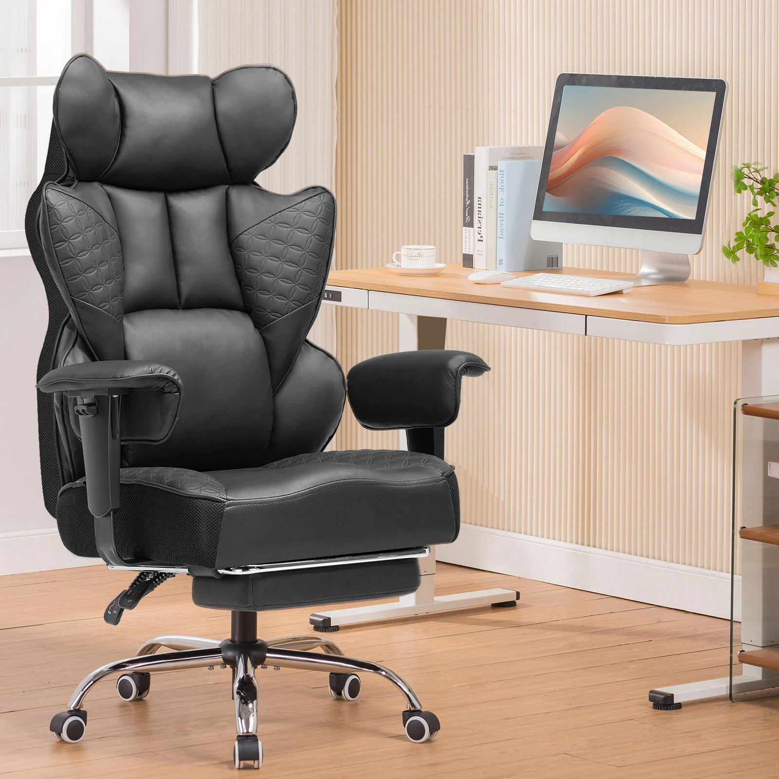 Chaise de Jeu COMHOMA, Chaise de Bureau Ergonomique Avec Accoudoirs Réglables, Soutien Lombaire à Ressorts Ensachés Pour Personnes Grandes et Grandes, 150 KG, Assise Large