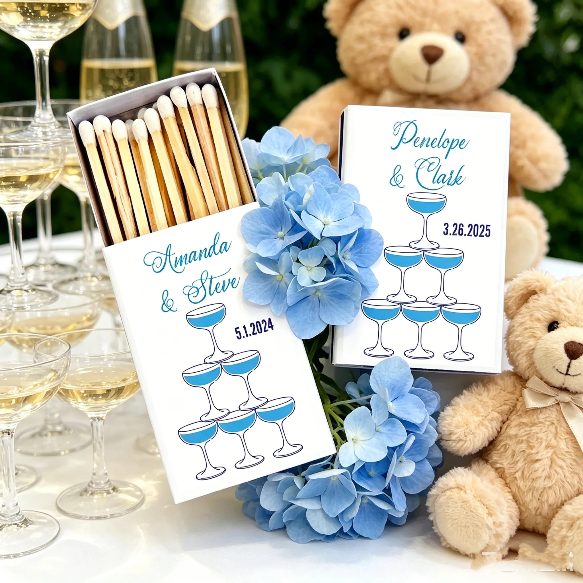 

Champagne Tower Matchboxes, Personalized Wedding & Bridal Shower Favors, Custom Safety Matches for Party Guest Gifts