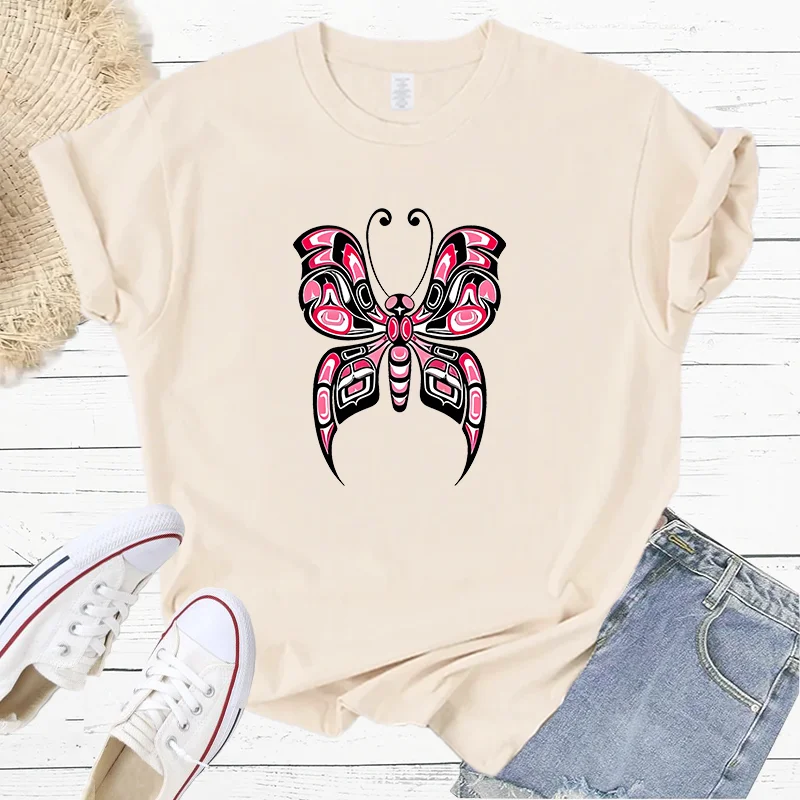 Pink And Black Haida Spirit Butterfly Fashion Sports Women's T-Shirt Harajuku Graphic Clothing Women's Top