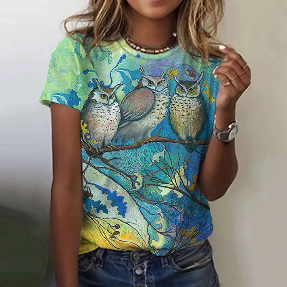 Animals Print Women's Round T Shirts Summer Fashion Short Sleeve Top Kawaii 3d Owl Print Oversized Female Clothing Ladies Tees