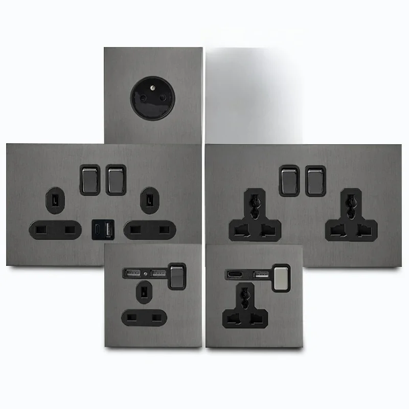 Joli Mural à Panneau D.lique en Acier Inoxydable Gris, Prise de Courant Universelle à 2 Voies, Port de Chargeur de Type C, Europe, Royaume-Uni, France