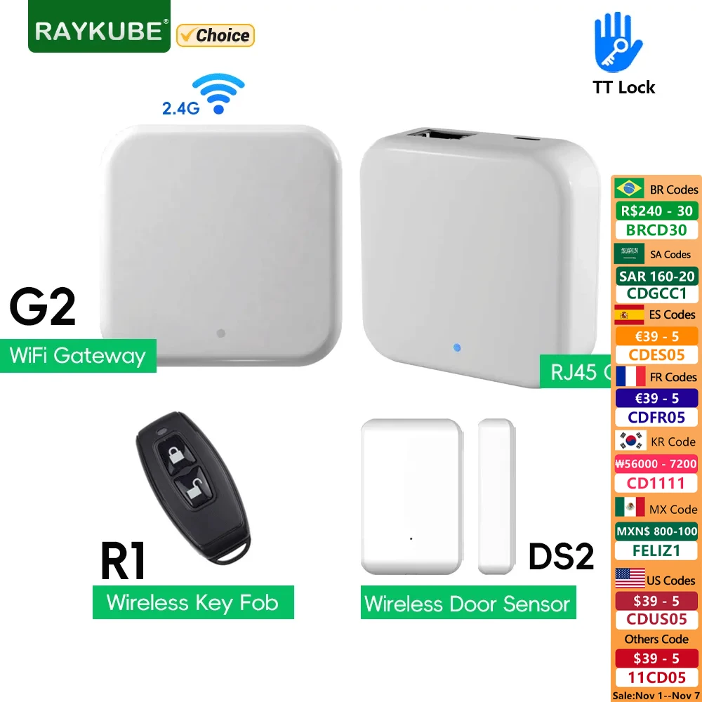 

RAYKUBE TT LOCK G2 Wireless Wifi Gateway Hub RJ45 Wired G3 Gateway/TT Lock Key Fob Remote Control/Door Sensor for Smart Lock