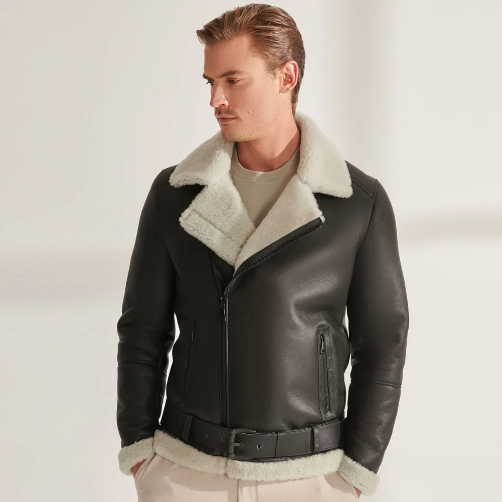 Denny&Dora Mens Shearling Jacket Leather Coat Black Fur Bomber Jacket Natural Sheepskin Shearling Jacket