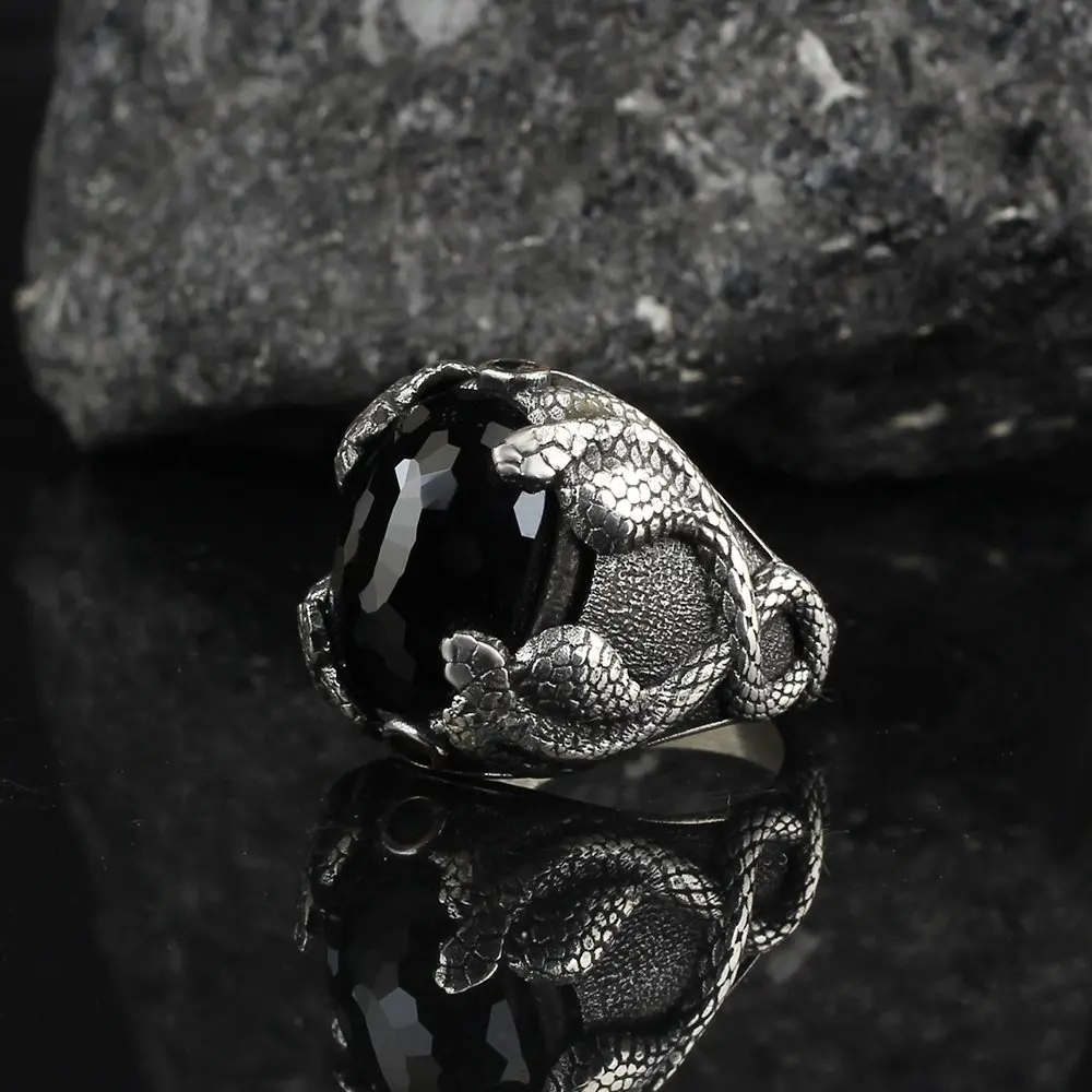 Cobra Pattern Zircon Gemstone 925 Sterling Mens Silver Ring, Gift for Men Jewelry, Real Natural Stone, Vintage, free Shipping