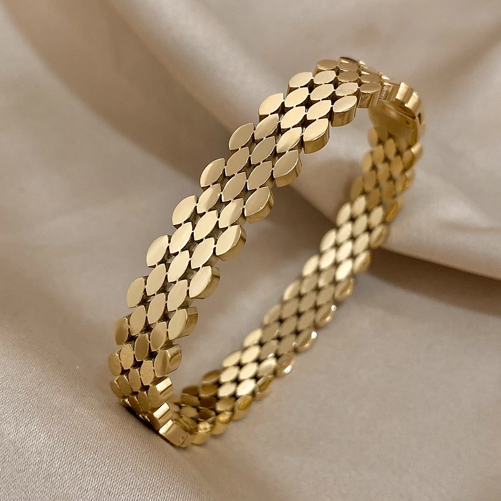 Neue Gold Farbe Edelstahl Wasserdichte Manschette Armband Armreifen Für Frauen Männer Mode Geometrische Stapelbar Party Schmuck