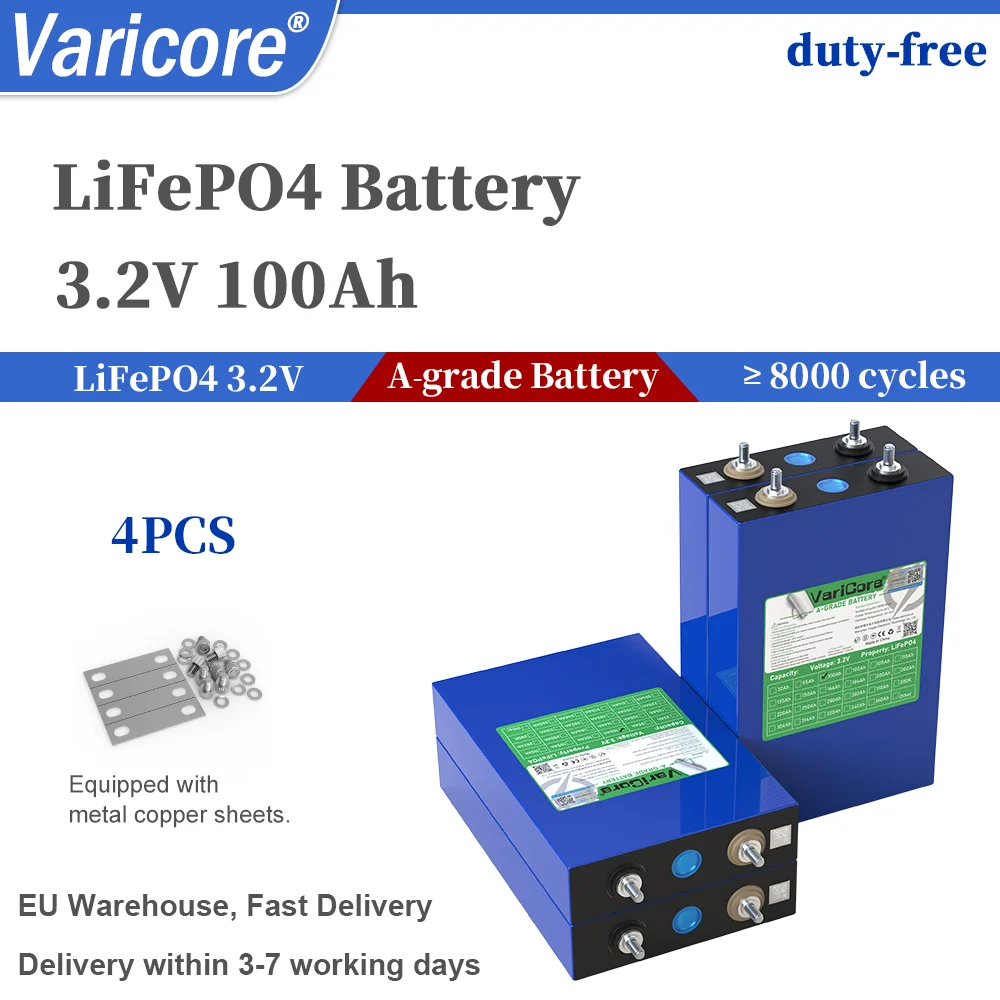 Batteria VariCore 3,2V 100Ah LiFePO4, batteria ricaricabile di grado A, a base di litio e fosfato di ferro, con 8000 cicli di carica/scarica, ideale per sistemi solari, camper, golf cart, biciclette