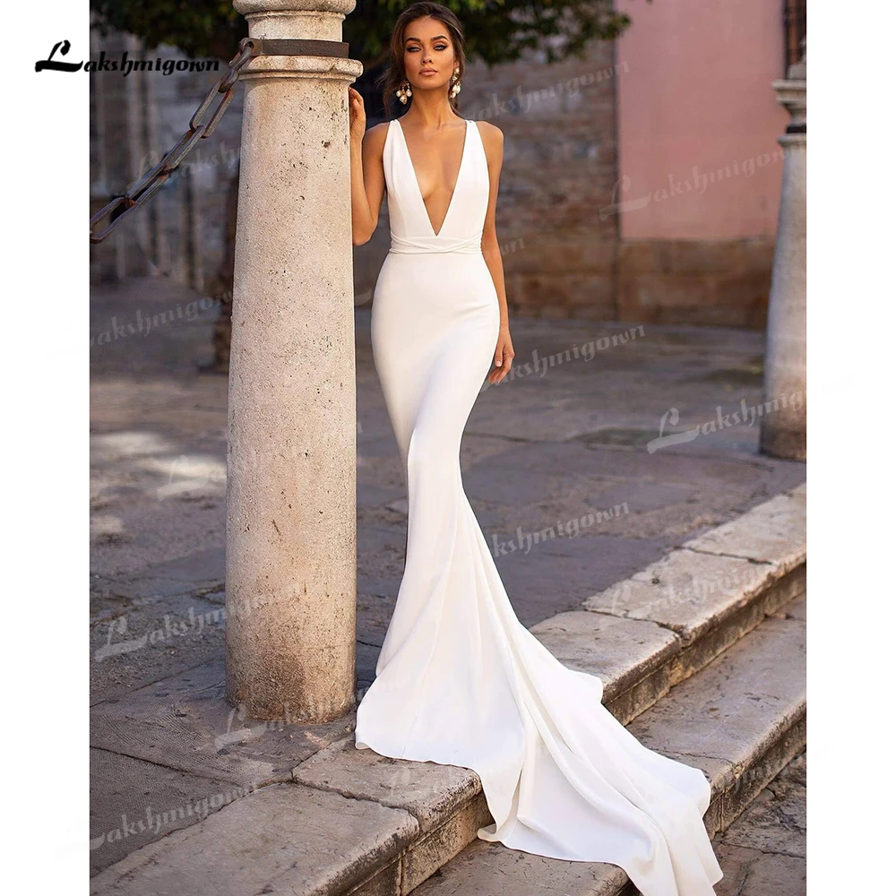 Vestido de novia de sirena Simple, con espalda descubierta traje Sexy, cuello en V profundo, abertura elegante, largo, blanco, fiesta de boda