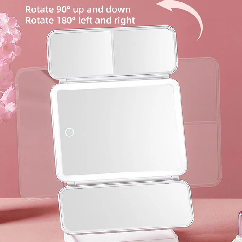 Dreifach faltbarer LED-Schminkspiegel, 3-Ton-Lichter, tragbarer, kompakter Desktop-Kosmetikspiegel, 2-fache/3-fache Vergrößerung, drehbarer, beleuchteter Schminkspiegel