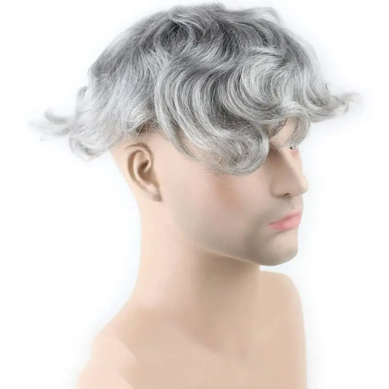 Pwigs Men's Toupee Grey Sliver #1B80 10×8 Wigs Human Hair Men Toupee Mono Lace With Npu Around Men's Hair System Replacement