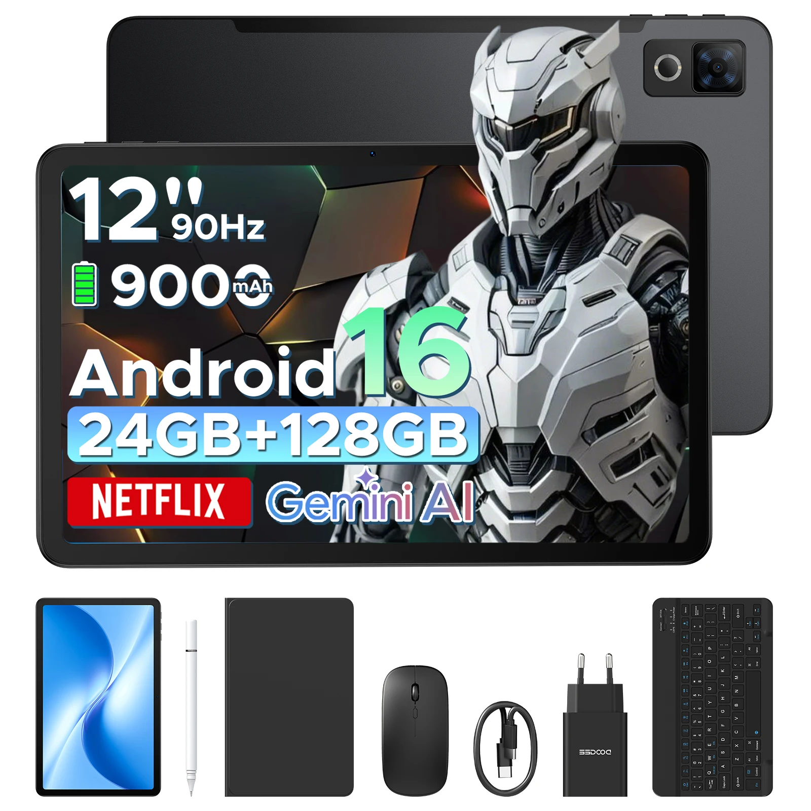 DOOGEE U12 Tablet 12 inch Android 16 Gemini AI 12'' FHD+ 90Hz scherm 24GB RAM+128GB 9000mAh batterij 7,8mm ultradunne tablet-pc