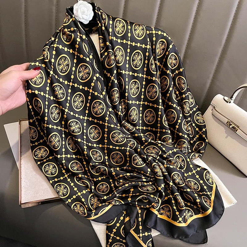 Mode Druck Große Schal Wraps Seide Schal Frauen Luxus Marke Satin Stirnband Hijab Bandana Turban Foulard Sommer Strand Stolen – Detail 19