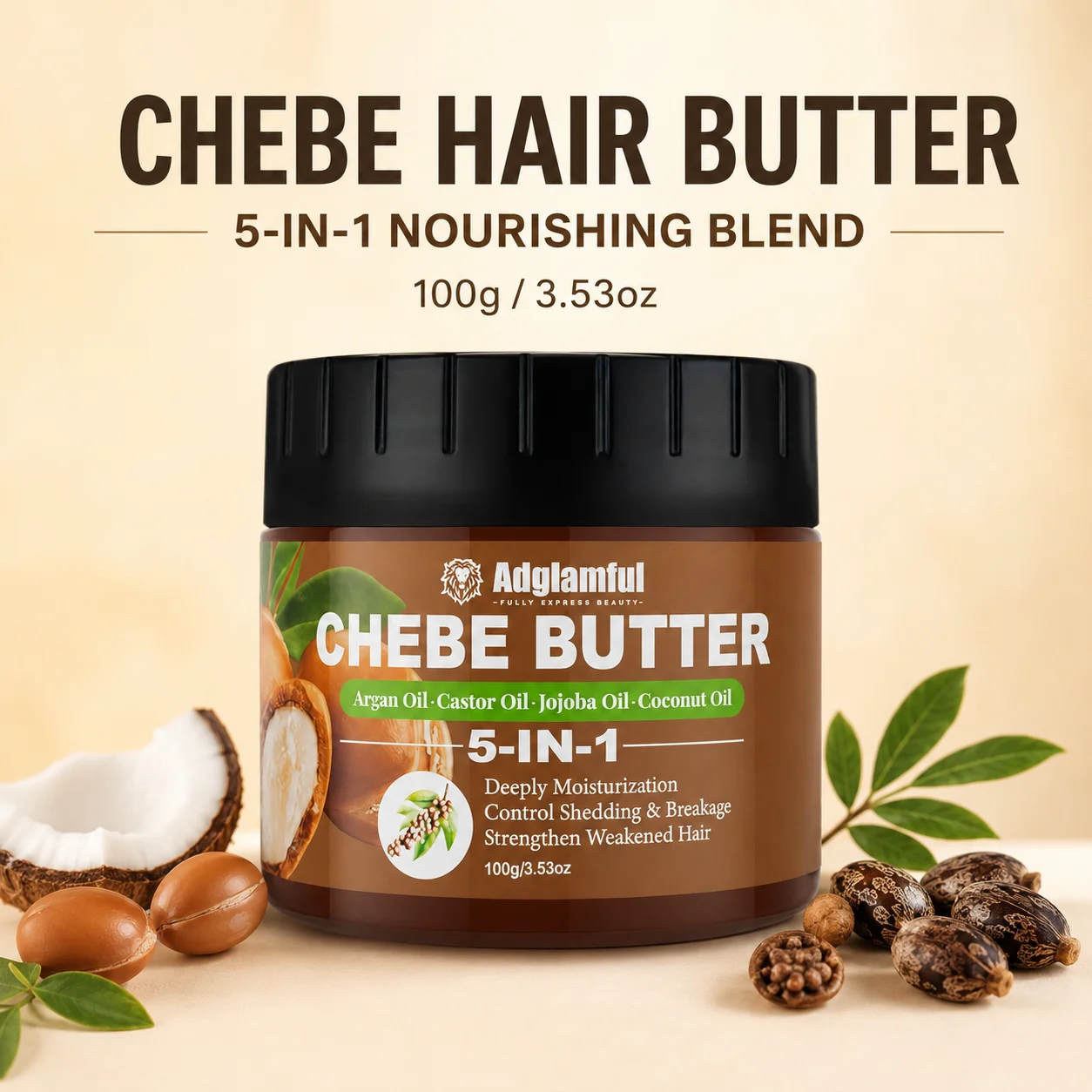 Adglamful Chebe Hair Butter 100g, 5-in-1 Moisturizing Hair Cream with Argan, Castor, Jojoba & Coconut Oils