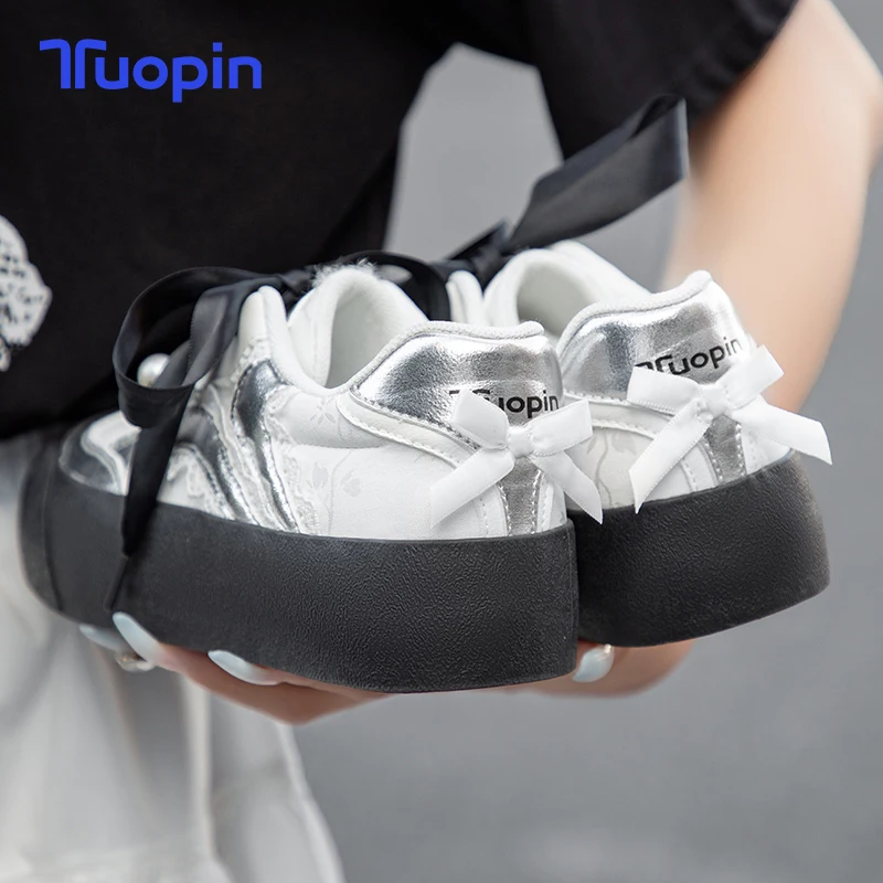 TuoPin women sneakers new bow women's casual shoes ballet women's board shoes with pearl little white shoes