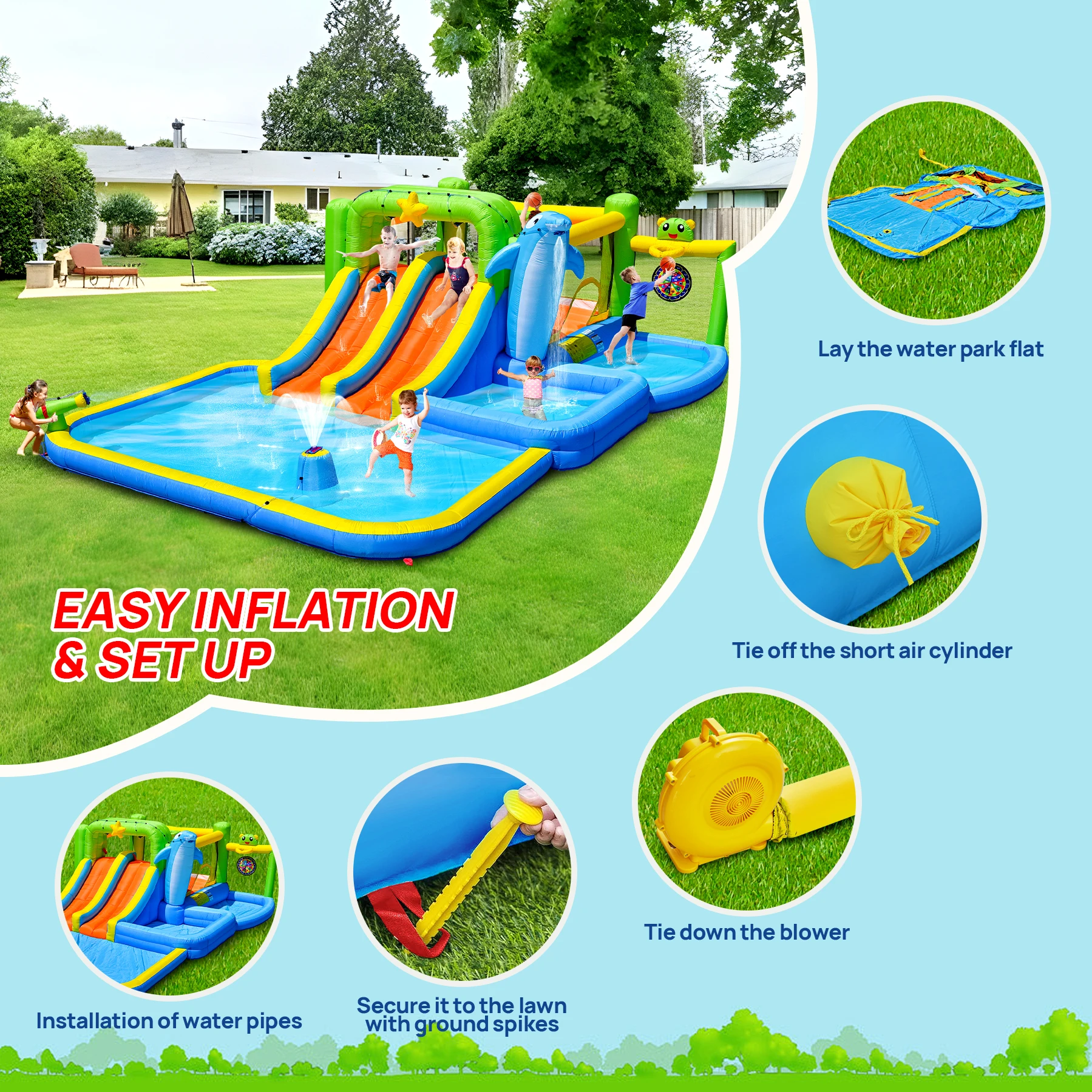 Endless Fun: Inflatable Bouncy House for Kids with Hair Dryer, Shower, Soaking Pool, Sprinkler, Fountain, Water Gun, and Slide view 2
