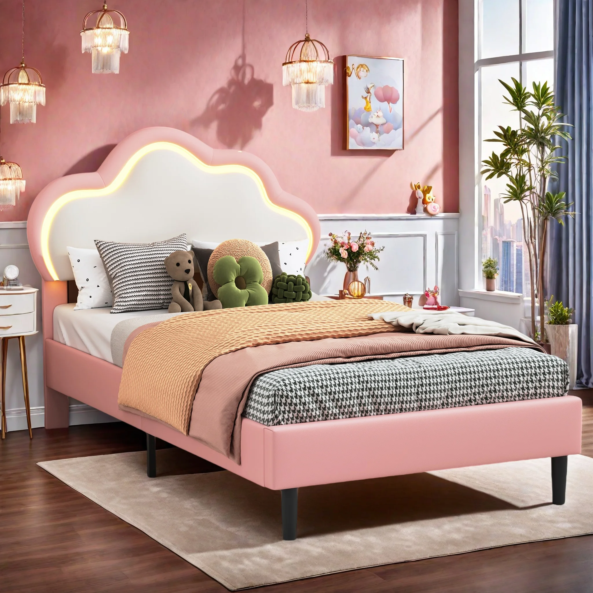 Lit pour Enfant rembourré Lit Princesse Nuage avec LED Lit Simple avec tête de lit réglable et sommier à Lattes Lits Rose