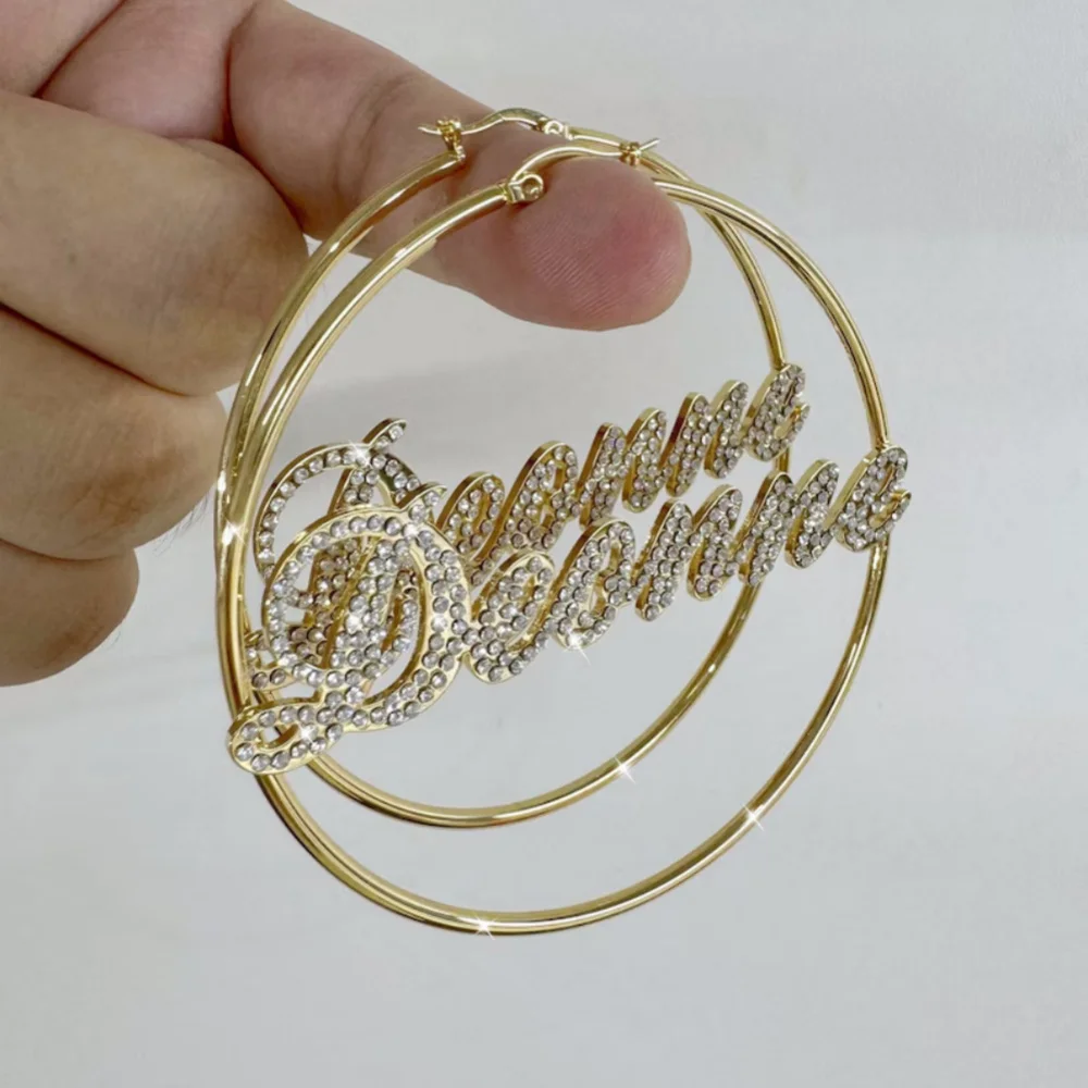 LeeChee 70mm Diamond Name Earloop Personalized Women Jewelry Anniversary Mother's Day Gift