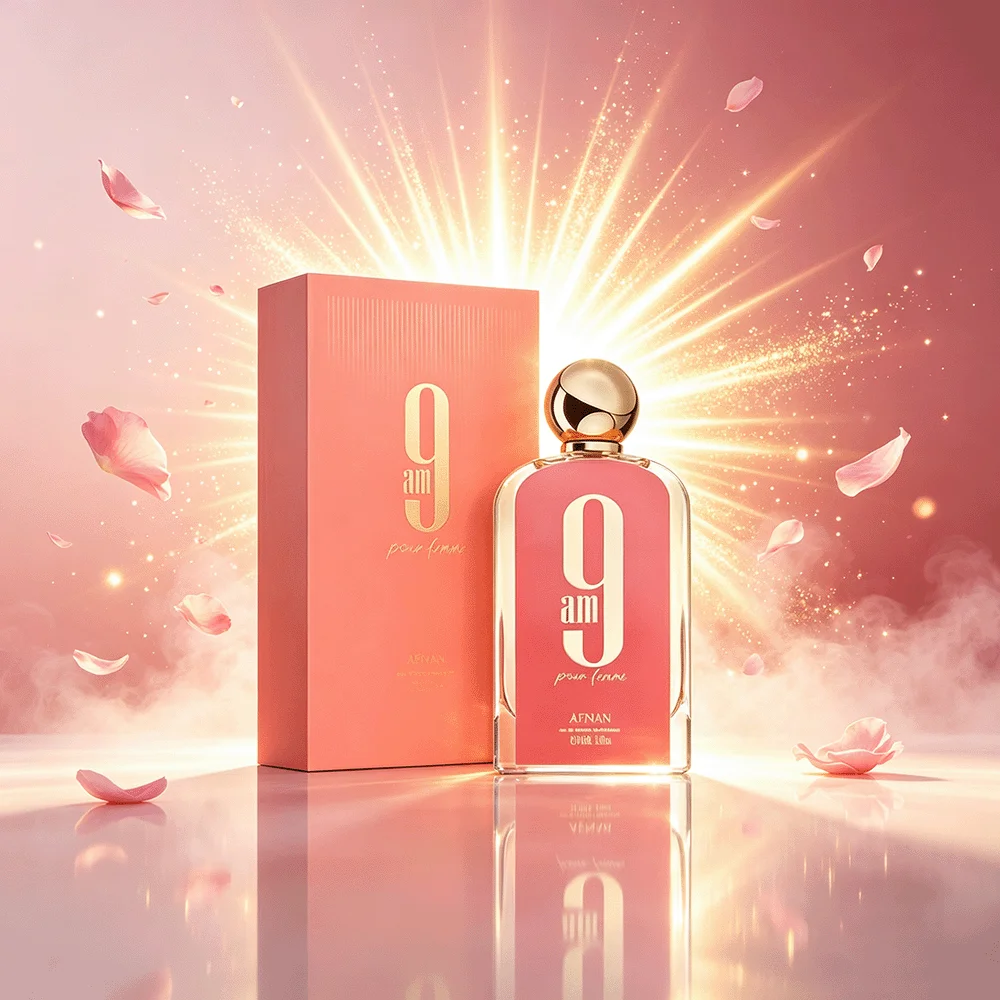 Afnan 9 AM Pour Femme EDP 100ml, Perfume para Mujer con Notas de Champán, Naranja, Pomelo, Bayas de Junípero, Frambuesa, Grosella Negra y Almizcle, en Botella Rosa con Tapa Dorada en Forma de Esfera