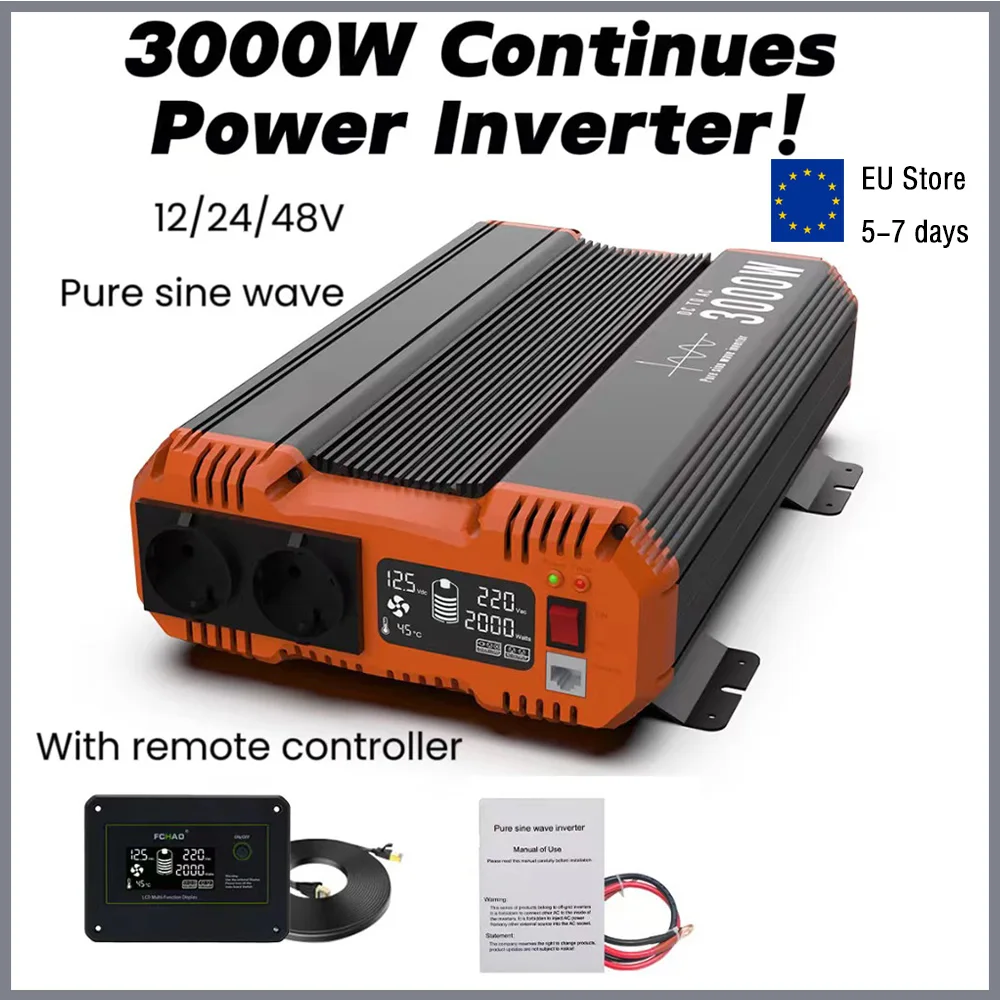 6000W Pure Sine Wave Inverter: 12/24/48V to 220V Converter EU Socket, LCD Display Remote Controller,for Camping, RVs, and Home