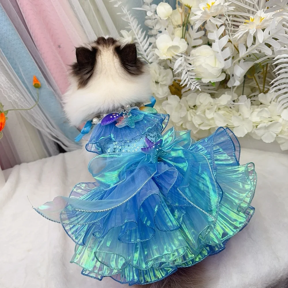 Handmade Mermaid Princess Pet Dress Dog Clothes Shimmering Blue Sea Inspired for Parties Holiday Photoshoots Cute Cat Costume