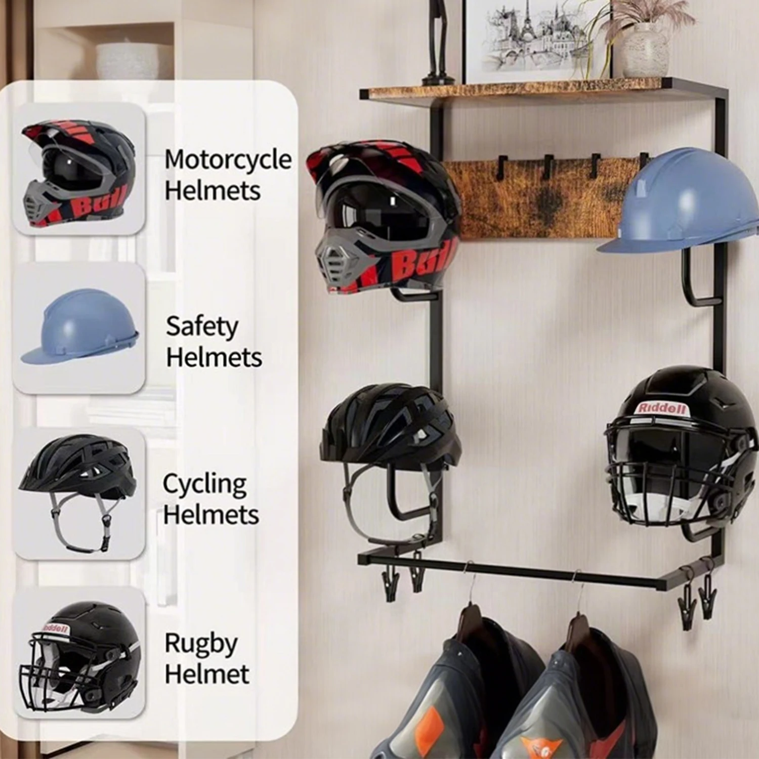 Soporte de Almacenamiento para Cascos de Garaje que Ahorra Espacio – Organizador de Pared para Cascos y Equipo de Motocicleta – Tabla de Madera, 4 Clips para Guantes y 4 Ganchos – Ajuste Universal
