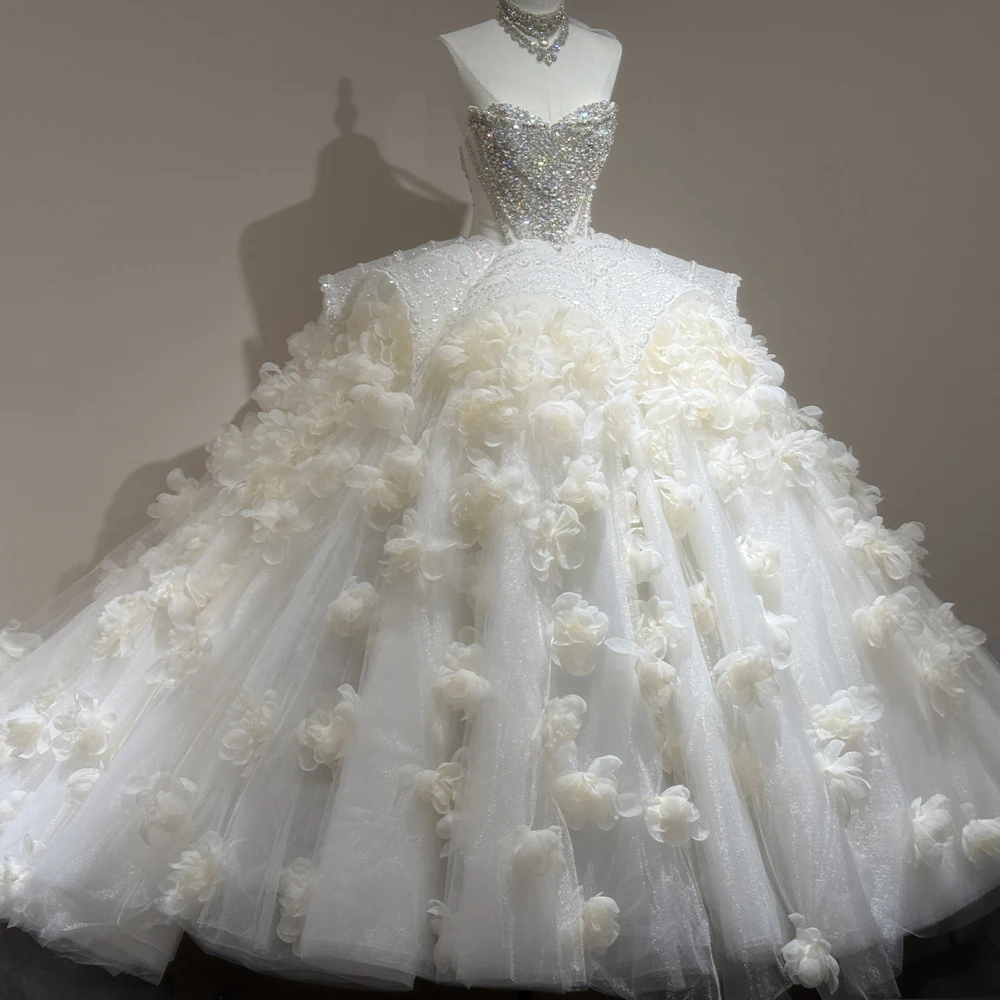 Flower Bridal Dress Crystal Rhinestone Beading Sweetheart Ball Gown Customizable Wedding Dresses Bride