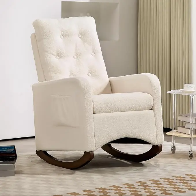 Sillón reclinable tapizado, sillón para enfermeras con movimiento de balanceo seguro, base antideslizante, bolsillo lateral y diseño de respaldo alto,