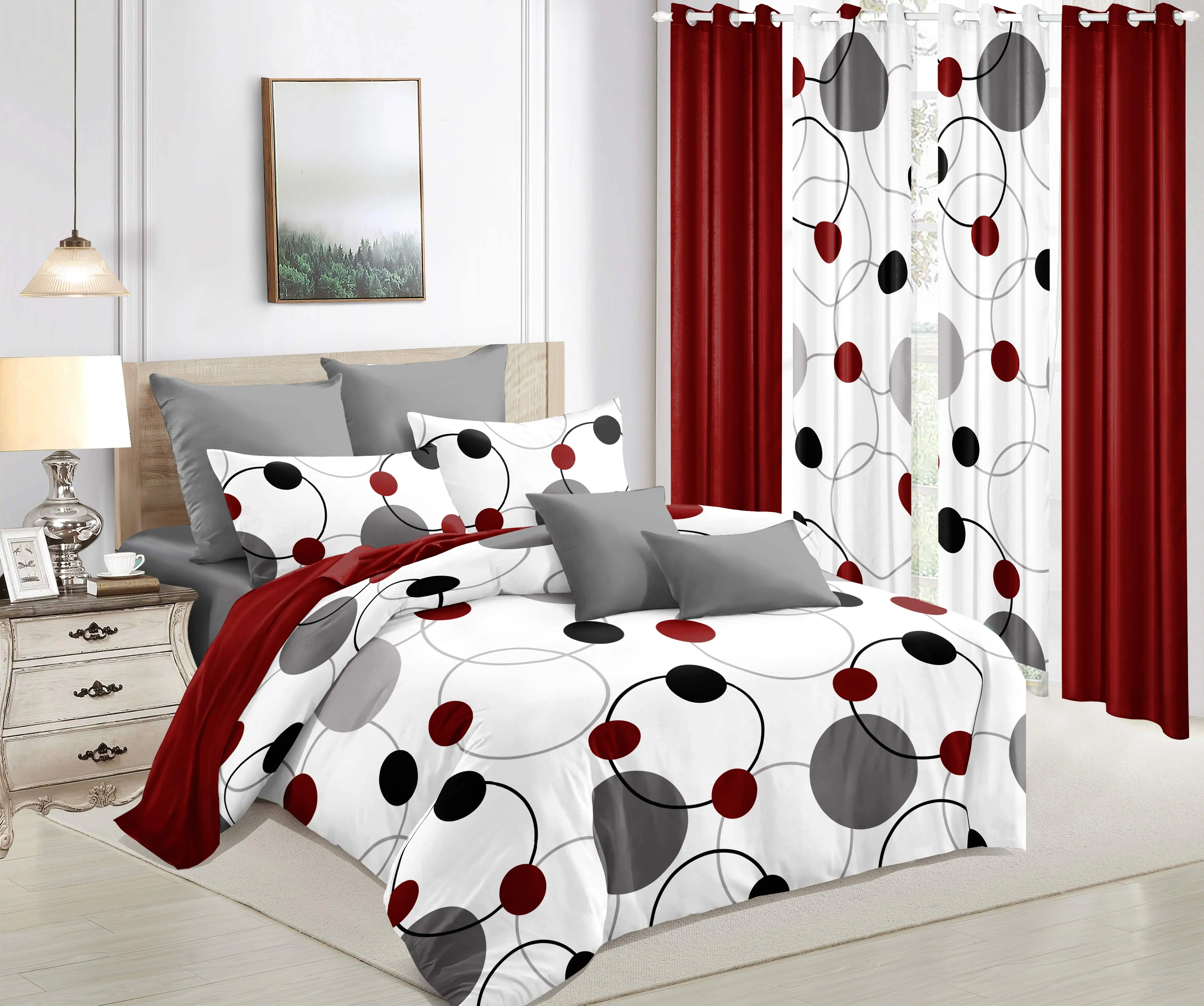 

Print 9pcs Bedding Set(1*Bedspread+2*Pillowcases+2*Print Curtains+4*Solid Curtains) Soft Comfortable Red And White Circle