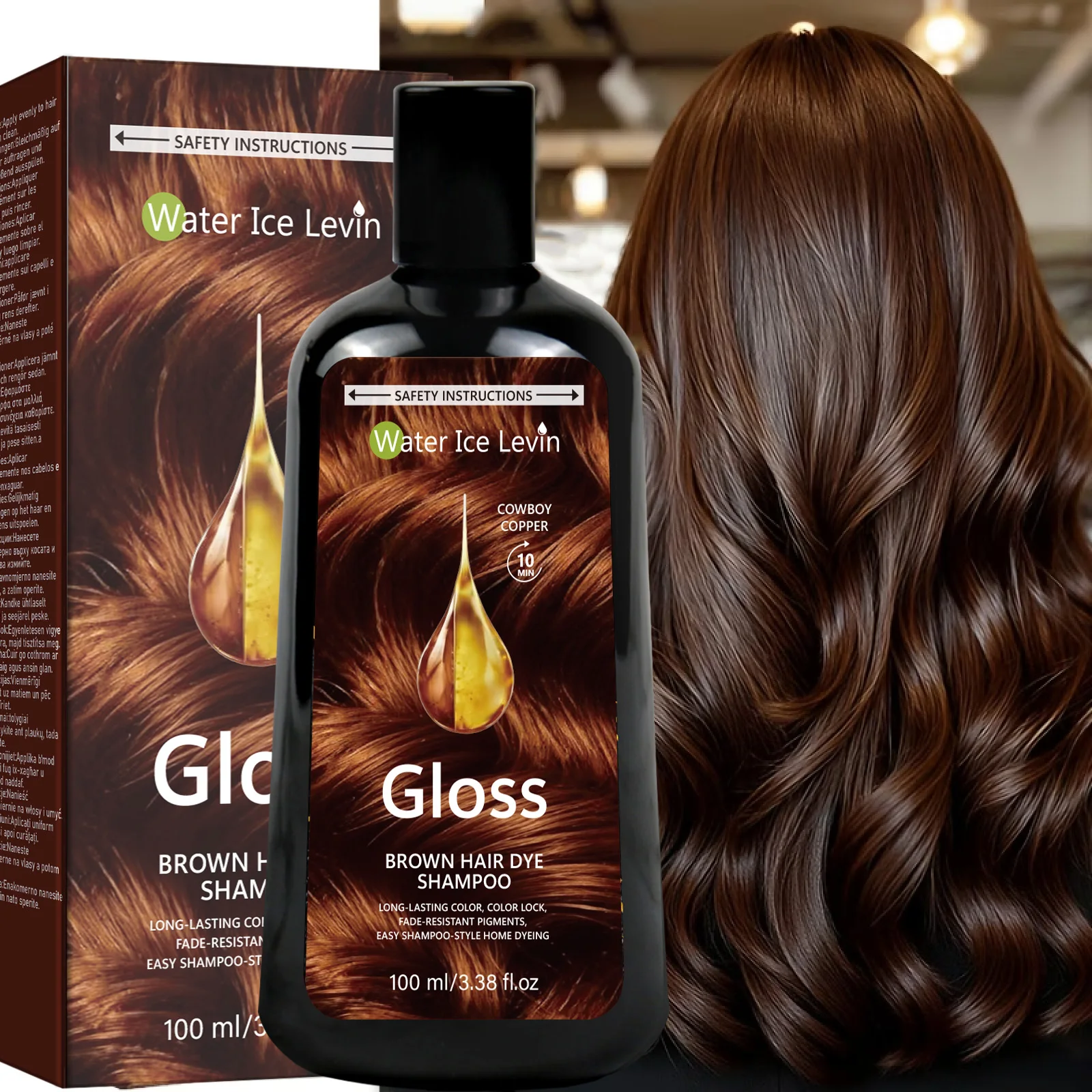 Water Ice Levin Home Hair Coloring Shampoo, Cowboy Copper Brown, Fade Resistant, 100ml