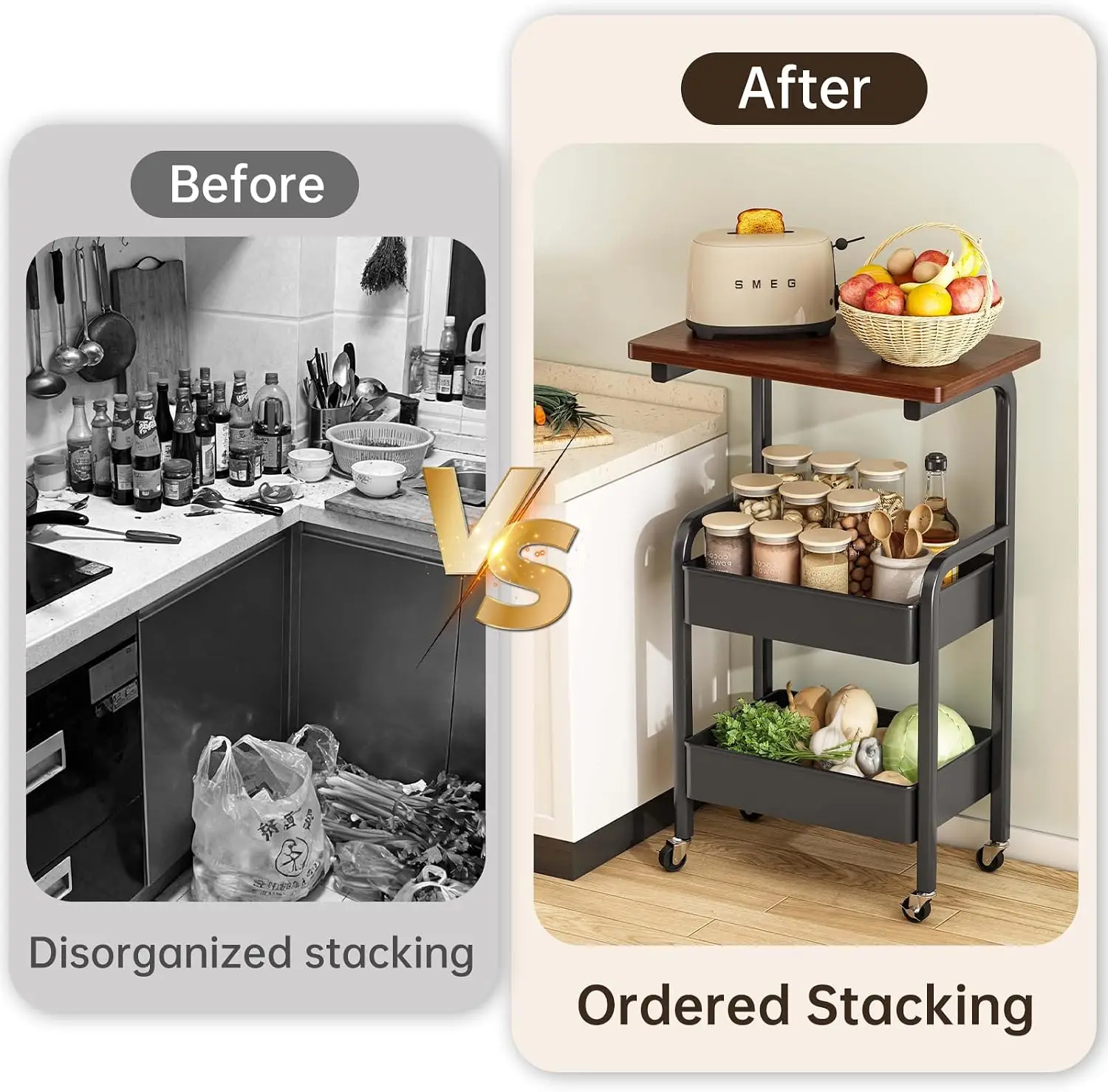Rolling Kitchen Cart with Wooden Tabletop, 3 Tier Mobile Storage Trolley with Locking Casters, Multi-use Movable Prep Side Table, Metal Organizer Cart for Kitchen Vegetables, Seasonings and Cookware S image 2