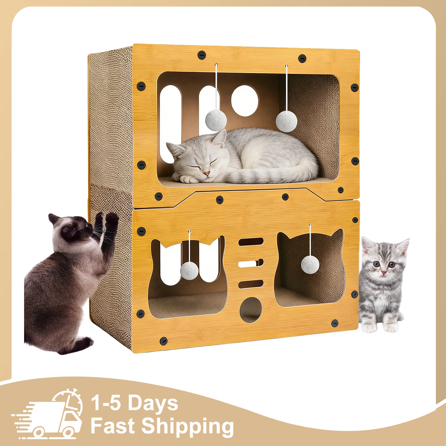 Lit pour chat 3 en 1, maison et griffoir, meubles pour chat en carton à 3 niveaux, jaune naturel, aire de jeux intérieure pour chats de petite et moyenne taille