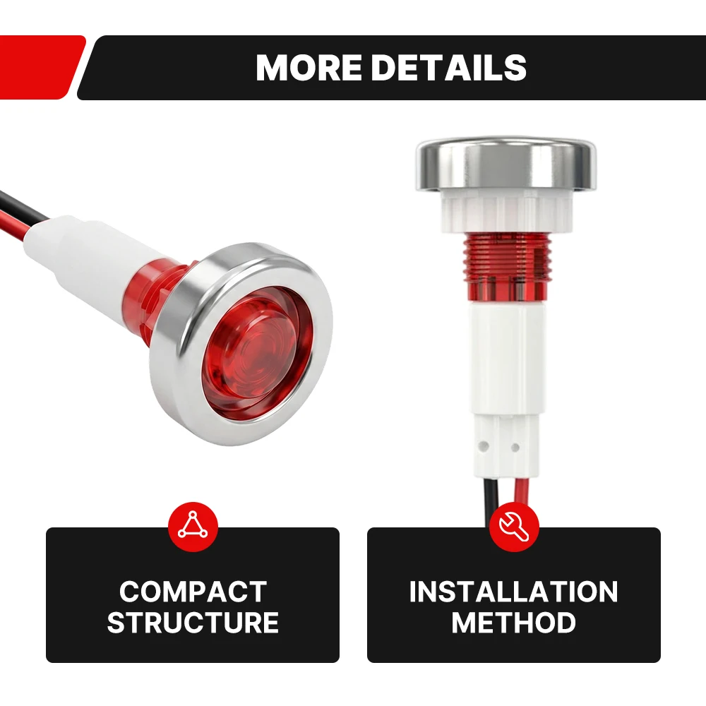 FILN 3 Stück 10mm Gewinde-LED-Anzeigelampe 12V 24V 110V 220V Vorverdrahtete Signal-Pilotlampe für Auto Boot Marine LKW – Detail 4