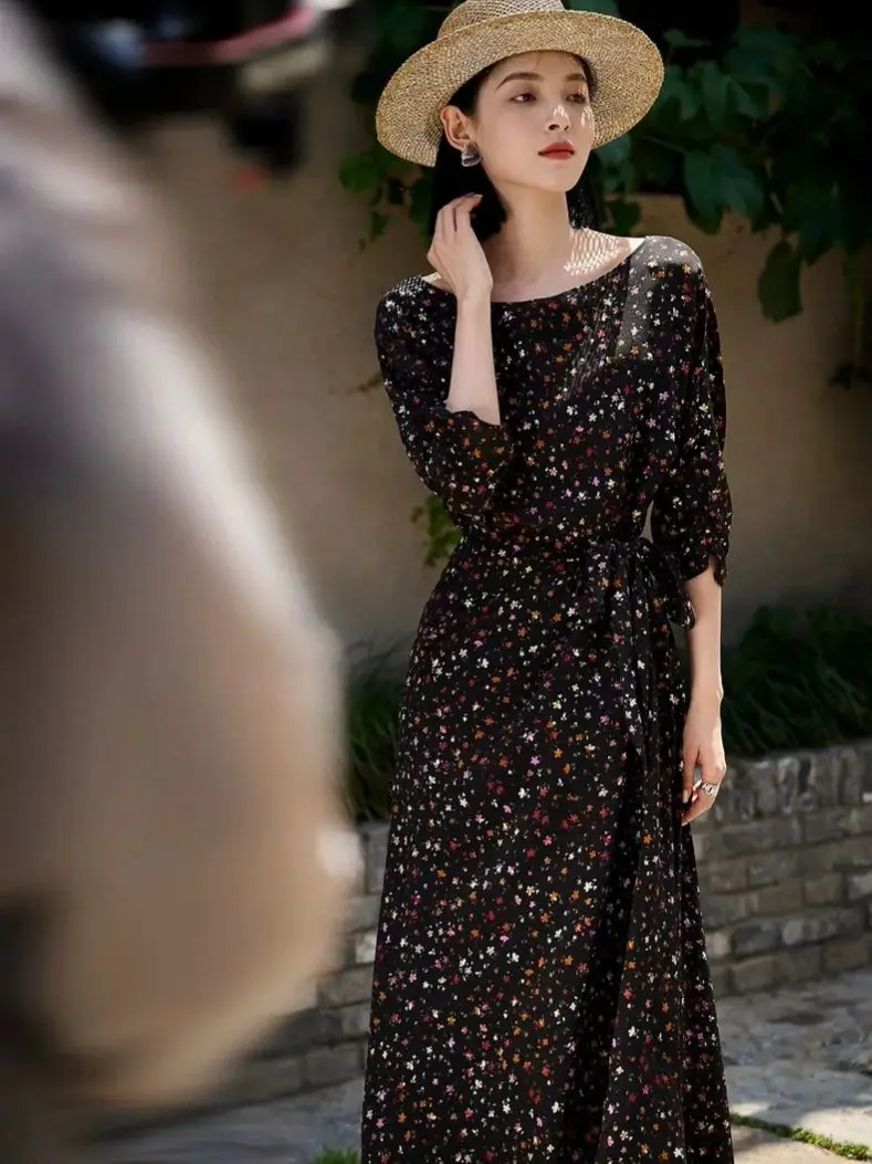 فستان خريفي نسائي خفيف الوزن على الطراز الفرنسي مزين بالزهور #3