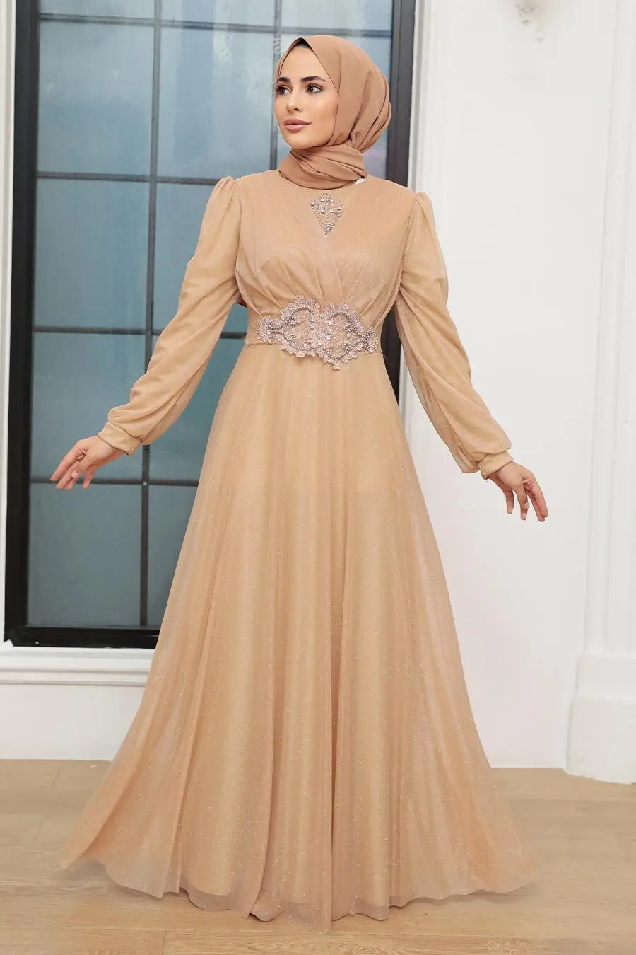 50151 Silvery Islamic Clothing Evening Dress Muslim women clothes Evening Dress Long Sleeve Muslim Women Prom Party Ceremony