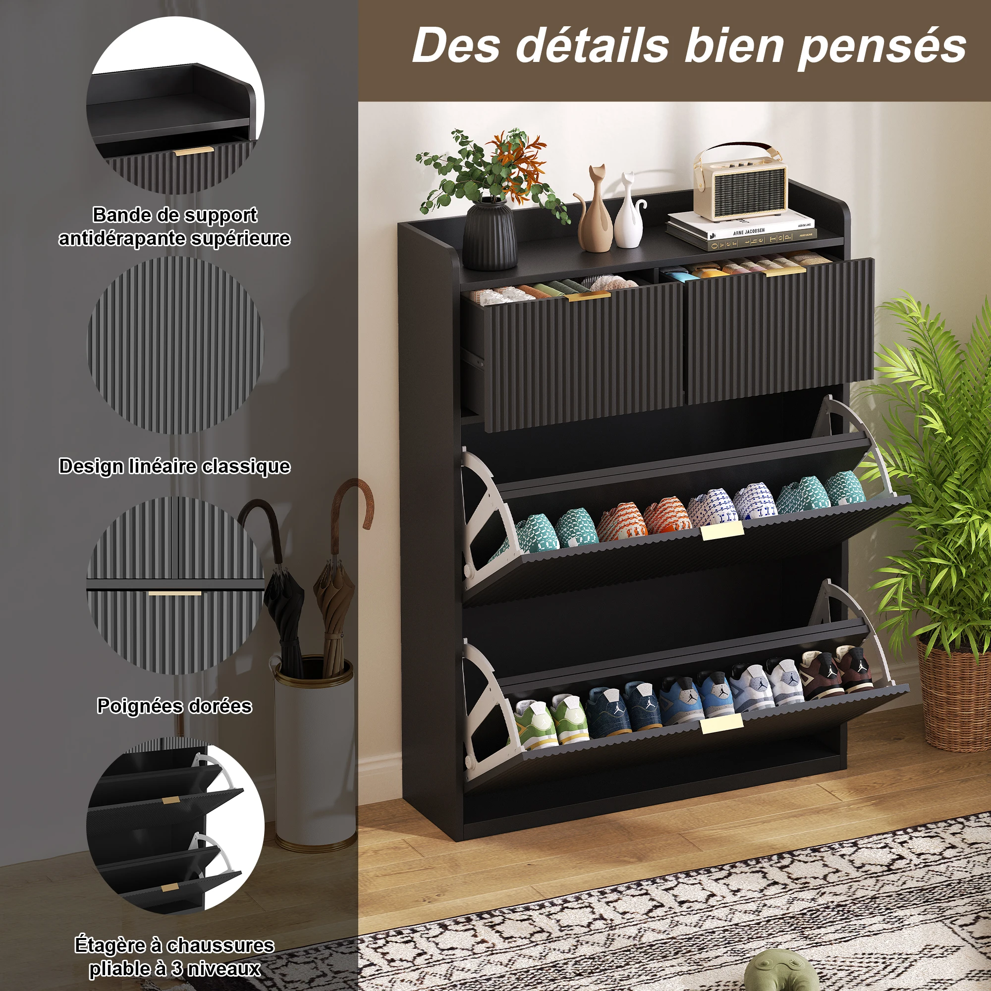 Geriffelter Schuhschrank mit 2 Klappschubladen und 2 Schubladen mit Griffmulden, moderner Eingangsschrank mit goldenen Griffen, schmaler Schuhorganizer für Wohnzimmer, Flur und Schlafzimmer – Detail 5