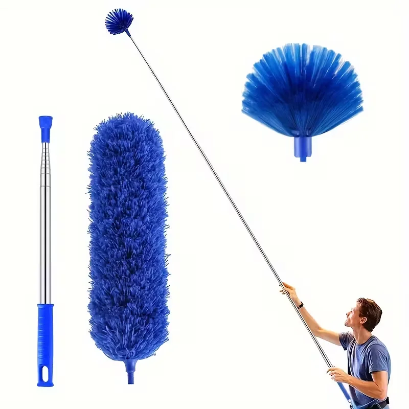 Extendable Cobweb Duster with Lightweight Aluminum Pole & Stainless Steel Handle - Medium-Stiff Bristles for Commercial Cleaning