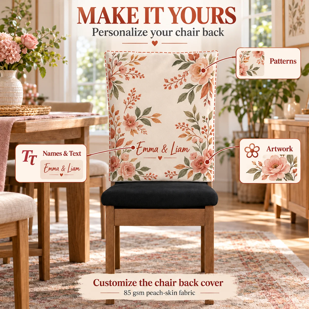 Custom Half Back Chair Covers 85g Peach Skin Fabric Personalized Photo Text Slipcover for Dining Office Party Wedding Home Decor