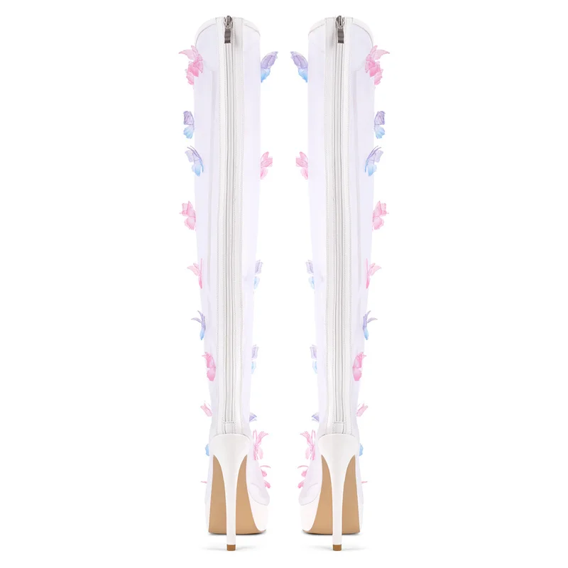 Onlymaker Women Peep Toe Butterfly Air Mesh Platform Over The Knee High Boots Zipper Sexy Sweet Thin High Heel Wedding Boots