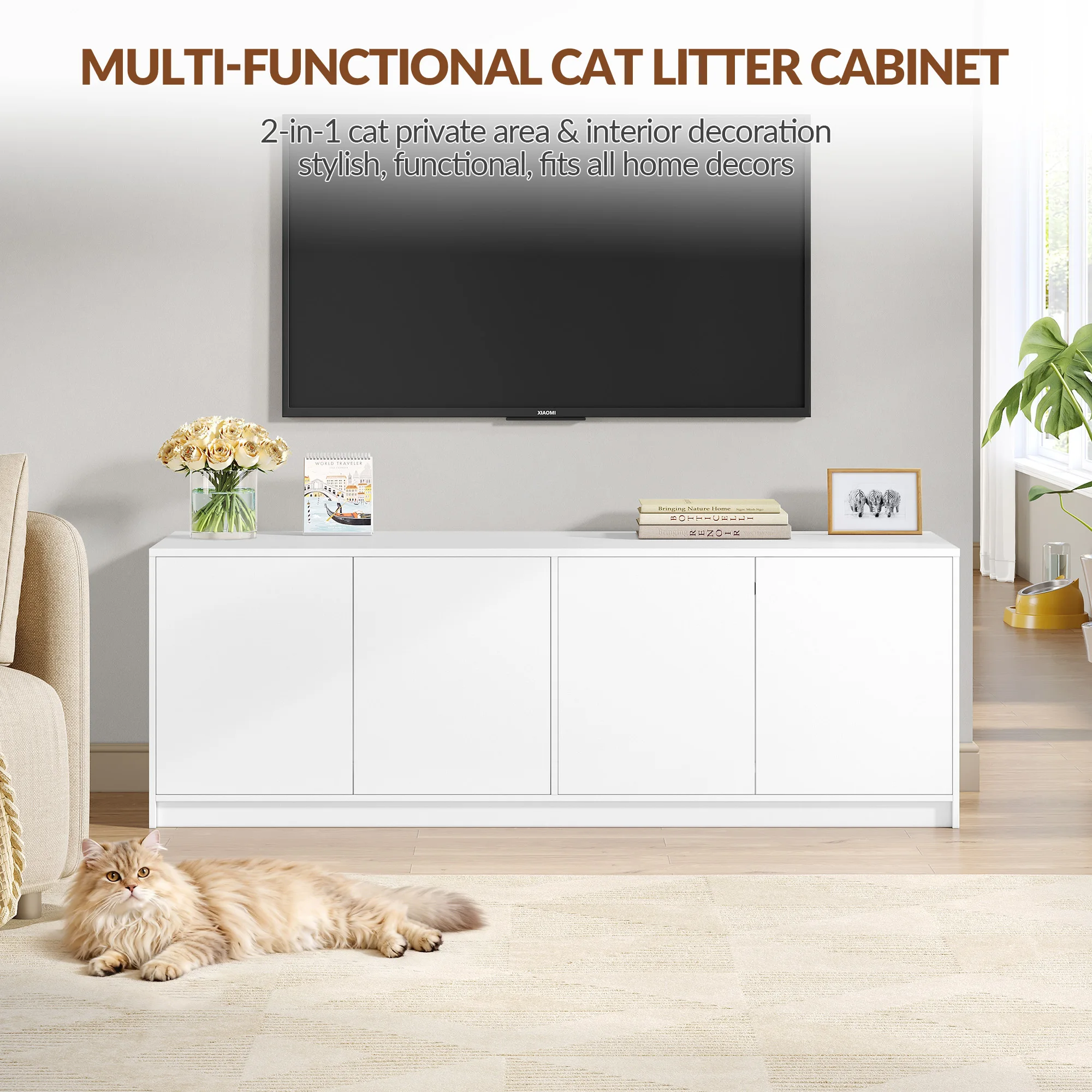 Armoire pour litière pour 2 chats, litière cachée, armoire pour chat avec portes à ouverture par pression et trous d'aération, minimaliste