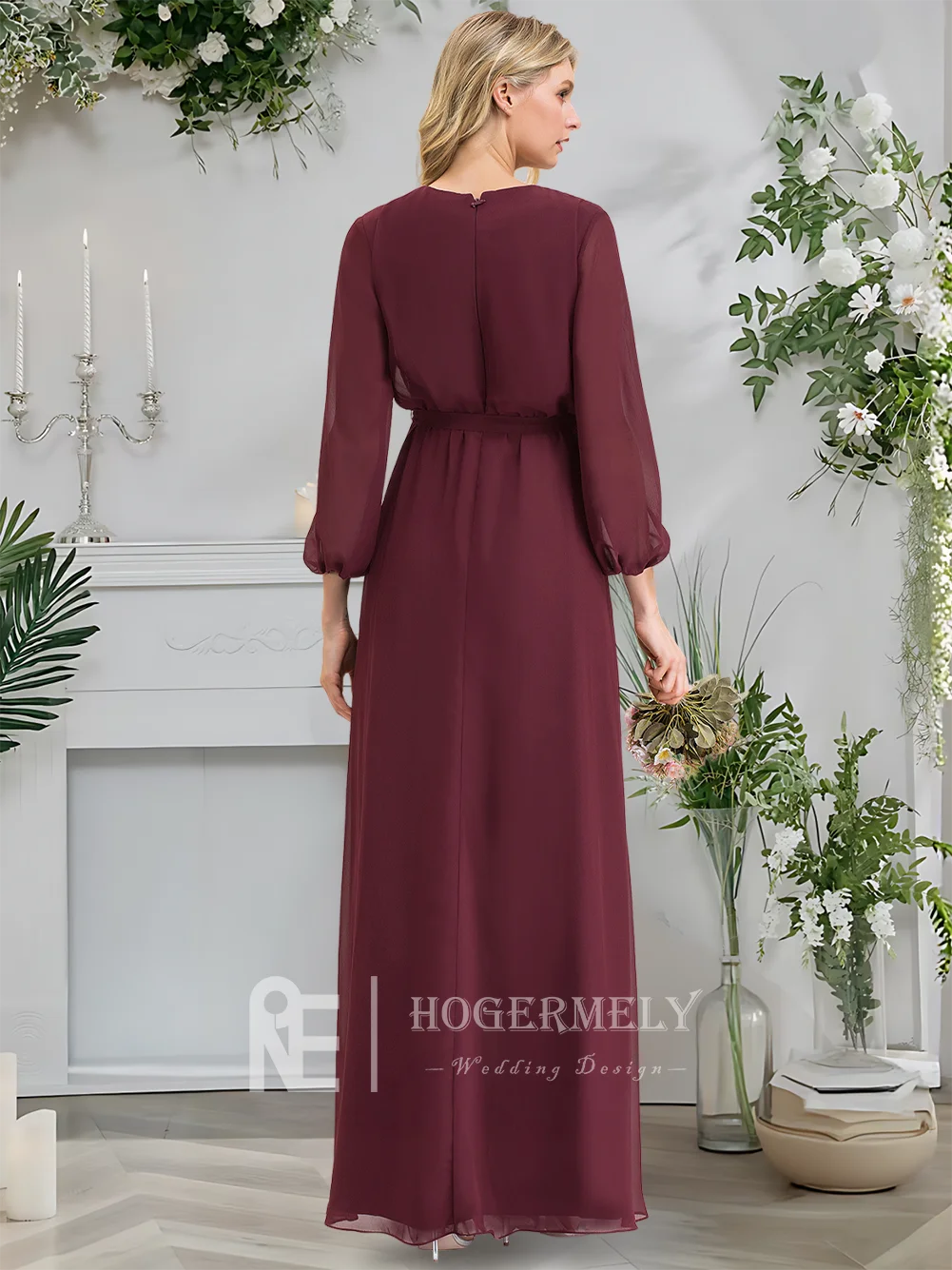 

B ​​Elegant Cabernet A-Line V-Neck Floor-Length Chiffon Bridesmaid Dresses With Bow Pleated Long Sleeve Wedding Guest Dress