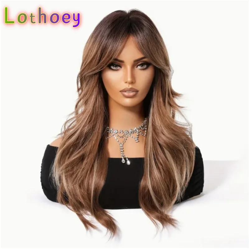 자연스러운 긴 갈색에서 금발 옴브레 가발 (여성용) 우아한 곱슬 웨이브 스타일, 실크 베이스 가발 인모 가발 완벽한 아름다움
