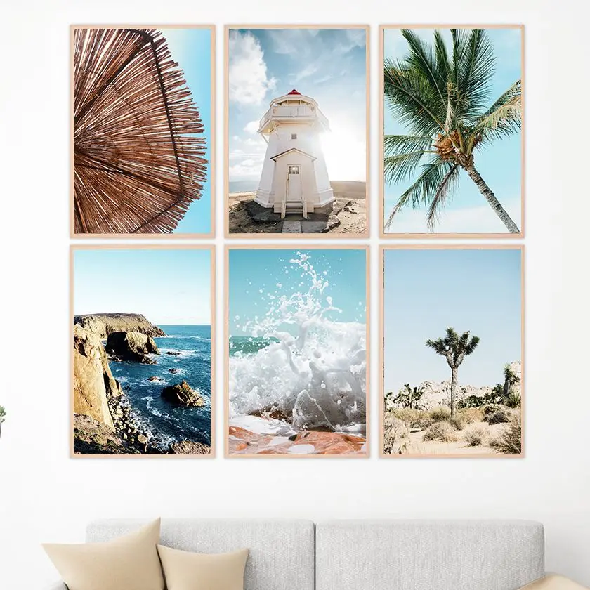 Palm Leaf Plant Beach Waves Landscape Wall Art Canvas Painting Nordic Posters And Prints Wall Picture For Living Room Home Decor