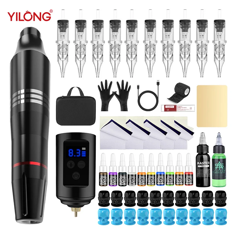 Yilong Kit tato pemula profesional, mesin Makeup permanen dengan jarum tinta, pistol tato kekuatan nirkabel untuk seniman tato