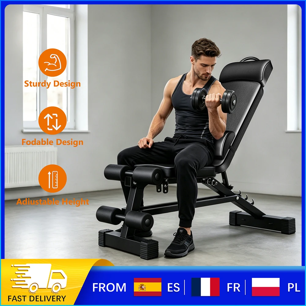 Banc de musculation pliable et réglable, charge maximale 120 kg, dossier à 5 niveaux et siège réglable sur 3 niveaux, banc d'exercice inclinable et déclinable en acier robuste pour l'entraînement musculaire complet à domicile.