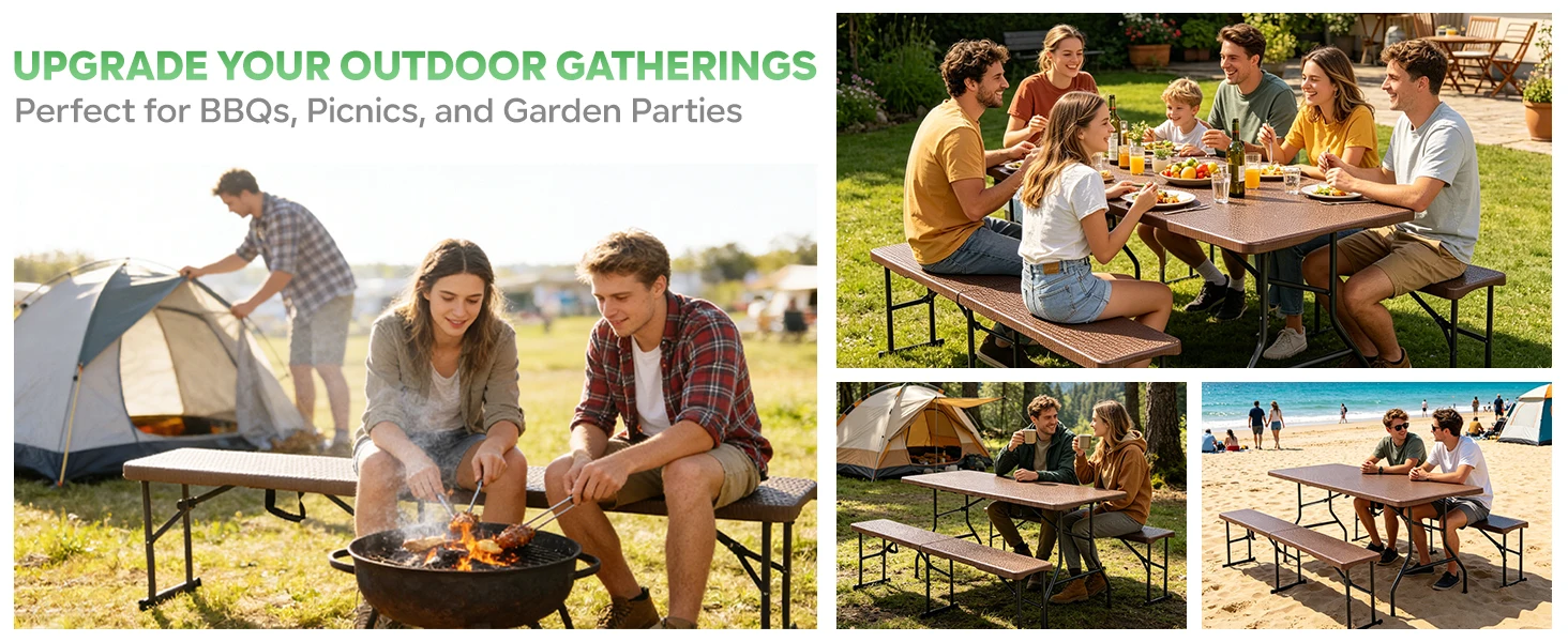 Klappbarer Tisch + 2 Bänke Set 180cm, Outdoor Campingmöbel HDPE Rattanoptik, Eisenrahmen, Tragfähigkeit 150kg/400kg, Klappbar Für Garten Terrasse Picknick – Detail 7