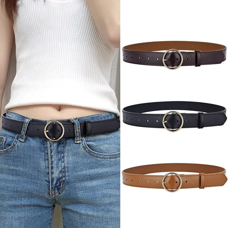 

Simple Round Buckle Women's Belt Fashion Hundred Pin Buckle Belt for Jeans Dress Decorative Belt with Pinhole Design