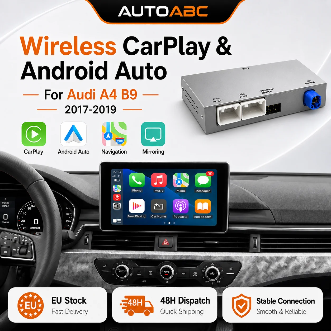 Bezprzewodowy dekoder interfejsu CarPlay do Audi A4 B9 A5 Q5 Q7 2016-2019, z Android Auto, AirPlay, Mirror Link, Car Play, kamerą, BT, GPS