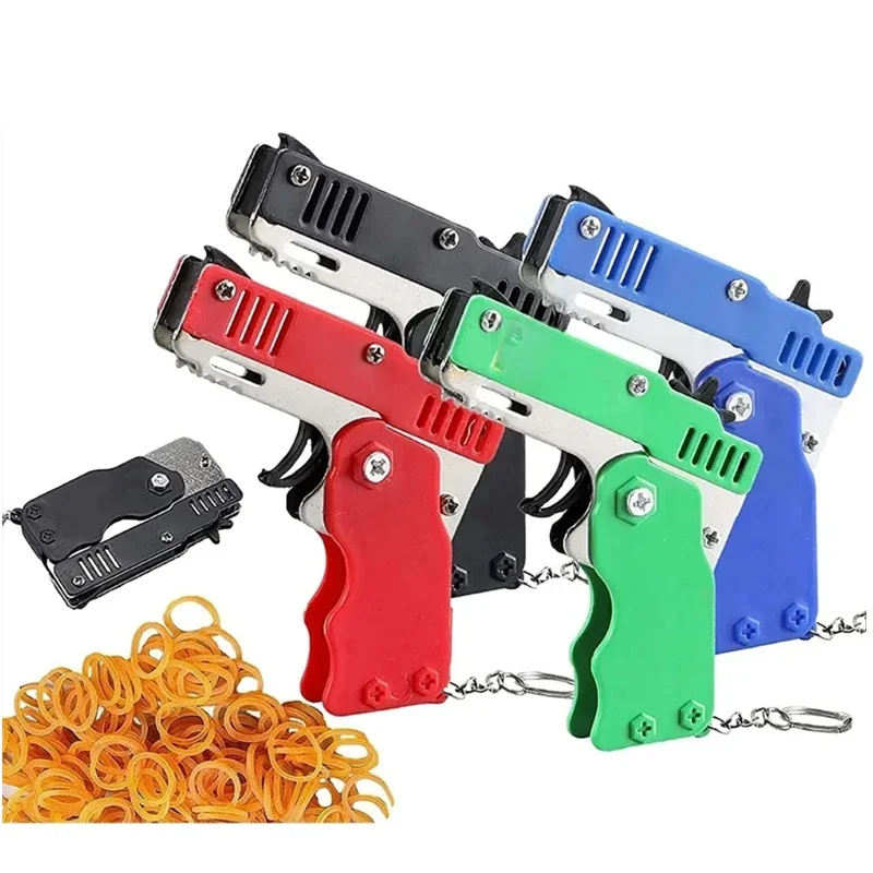 1 SZTUK Brelok do kluczy Pistolet 60 gumek Pistolet do strzelania Pistolet ze stopu Dziecko Impreza na świeżym powietrzu Metalowy pistolet Prezent dla chłopaka Zabawny — zdjęcie 2