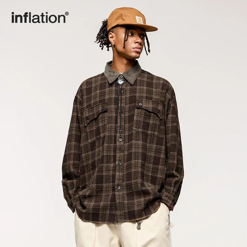 INFLATION Vintage Plaid Long-sleeve Shirts 2024 New Corduroy Splicing Lapel Shirt Jackets in Brown