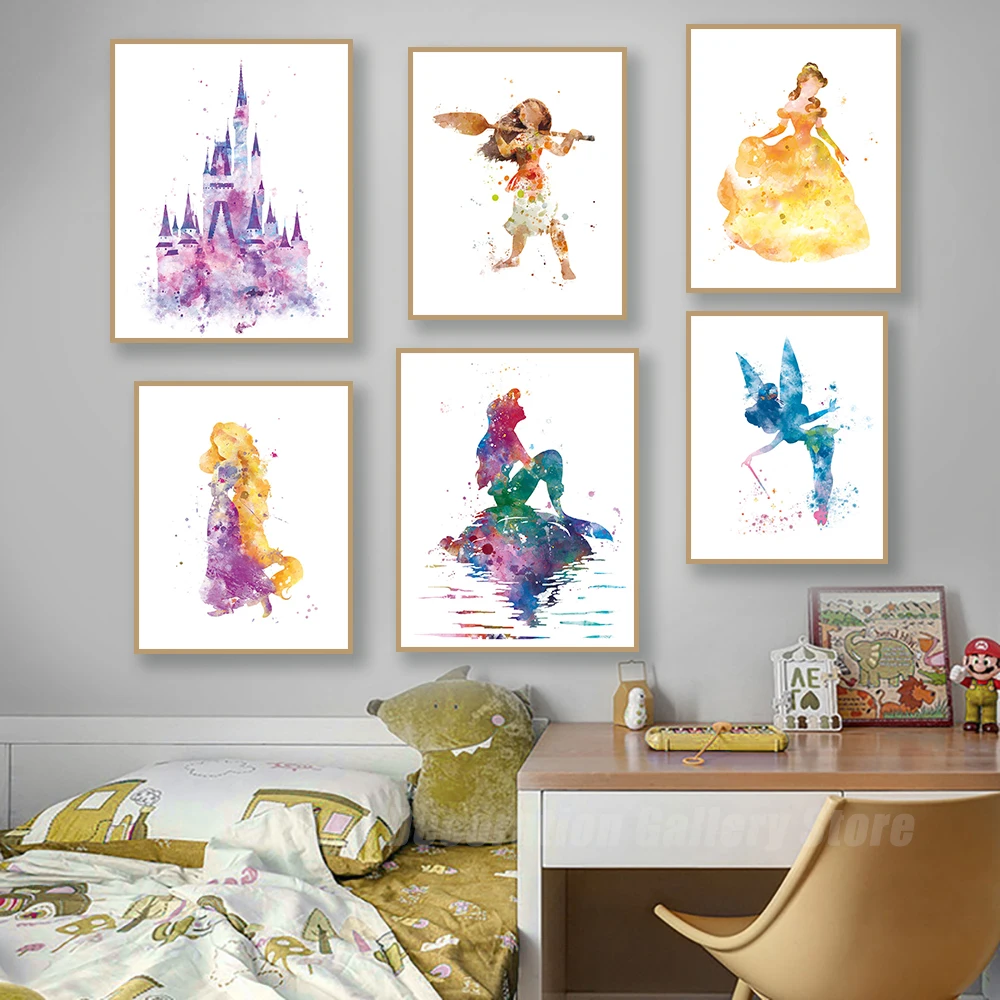 Disney Watercolor Princess Series Print Poster Wall Art Canvas Children's Baby Room Living Room Decoration Painting Gift Picture